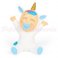 Figura para tarta de bautizo ”Unicornio azul feliz”