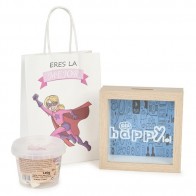 Detalle Bautizo hucha " Happy " con bote chuches con bolsa niña