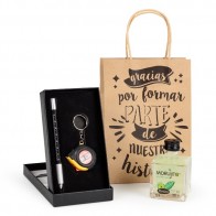 Detalle Bautizo Botella licor con set boli herramientas con metro en bolsa