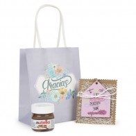 Detalle Bautizo Mini Nutella y llavero frases en bolsa de regalo