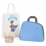 Detalle Bautizo mochila plegable con bote chuches con bolsa niño