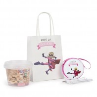 Detalle bautizo monedero Héroe niña con auriculares con bote chuches con bolsa