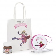 Detalle Bautizo monedero Super Heroe niña auriculares con Nutella con bolsa