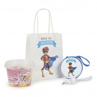 Detalle Bautizo monedero Super Héroe niño con bote chuches con bolsa
