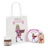 Detalle Bautizo monedero con llavero madera con Nutella con bolsa