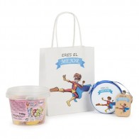 Detalle Bautizo monedero con llavero madera niño con bote chuche con bolsa