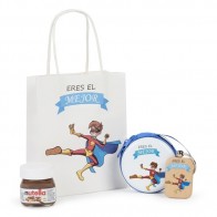 Detalle bautizo monedero con llavero madera con Nutella y con bolsa