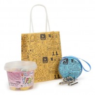 Detalle Bautizo monedero juvenil pasatiempos con bote chuches con bolsa