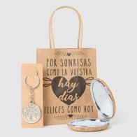 Espejo de corcho con llavero árbol de la vida detalle bautizo con bolsa