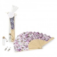 Detalle bautizo pendientes hojas y abanico jardín con envoltorio