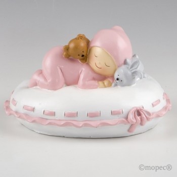 Recuerdo para Bautizo figura pastel hucha bebe rosa en almohada