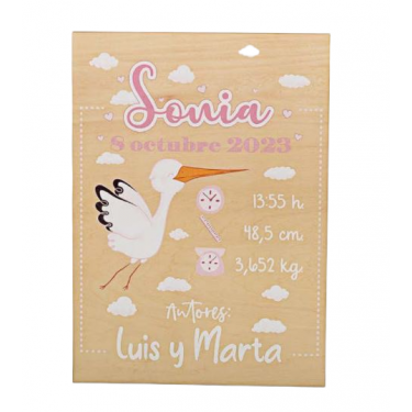 Cartel de bienvenida Cigüeña Rosa personalizado