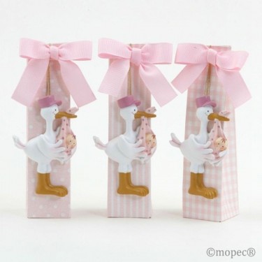 Imán cigüeña rosa en caja para Detalle Bautizo