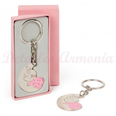 Detalle Bautizo Llavero bebé en luna con caja rosa