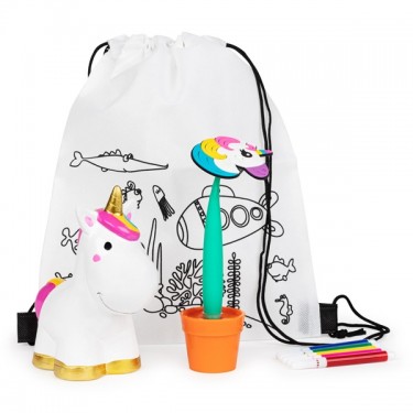 Mochila con hucha unicornio más boli maceta para detalle bautizo niños