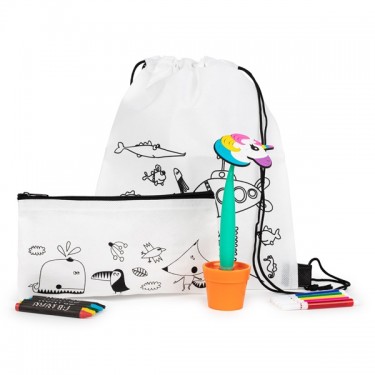 Mochila boli maceta y estuche colorear para detalle niños