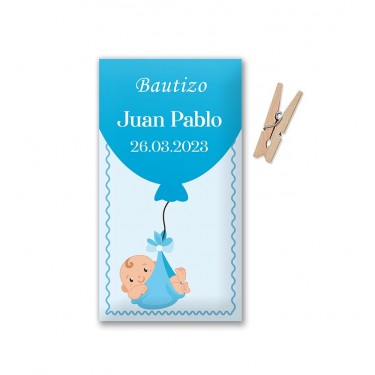 Etiqueta Bautizo Globo azul con niño (Lote 30 uds.)