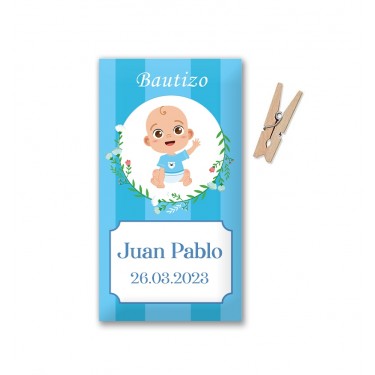 Etiqueta Bautizo Niño personalizada en azul (Lote 30 uds.) 