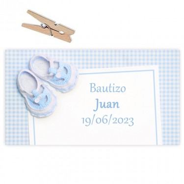 Etiqueta Bautizo Zapatitos ganchillo azul 