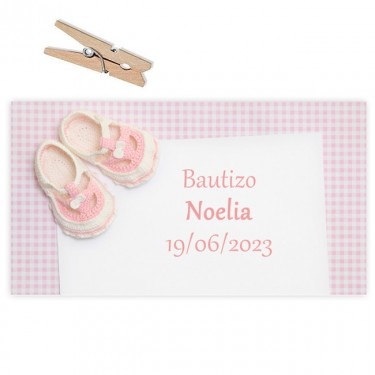 Etiqueta Bautizo Zapatitos ganchillo rosa 