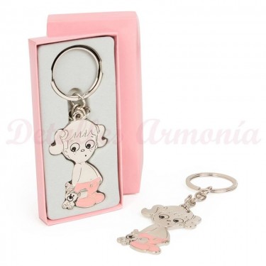 Llavero plateado y rosa con niña para Detalle Bautizo
