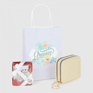 Detalle Bautizo monedero dos cremalleras con marcapáginas de búho con bolsa