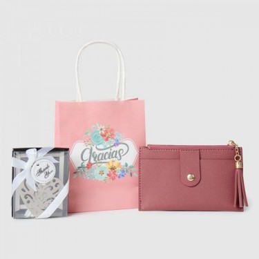 Regalo bautizo billetera con marcapáginas de corazón.