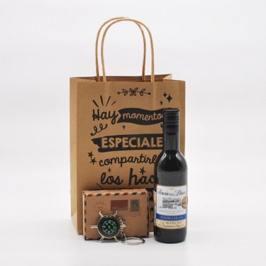 Detalla Bautizo Vino con llavero brújula en bolsa regalo